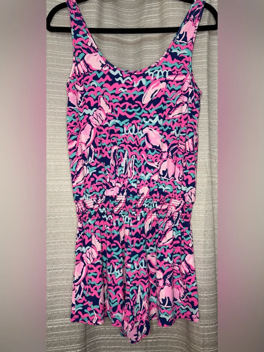 Lilly Pulitzer XS Pink Navy Lobster Print Sleeveless Romper Drawstring Waist
